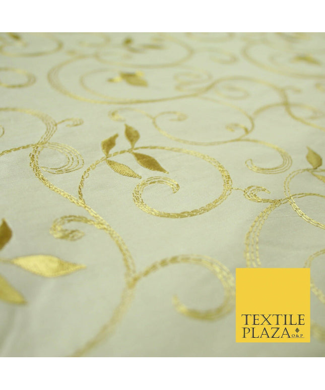 Luxury IVORY Floral Grandeur GOLD Embroidered 100% PURE SILK Fabric 45" 4529