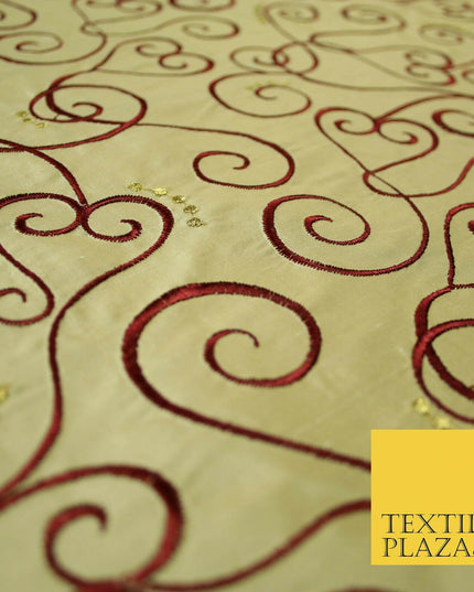 Luxury GOLD MAROON Ornate Swirl Hearts Embroidered 100% PURE SILK Fabric 4535