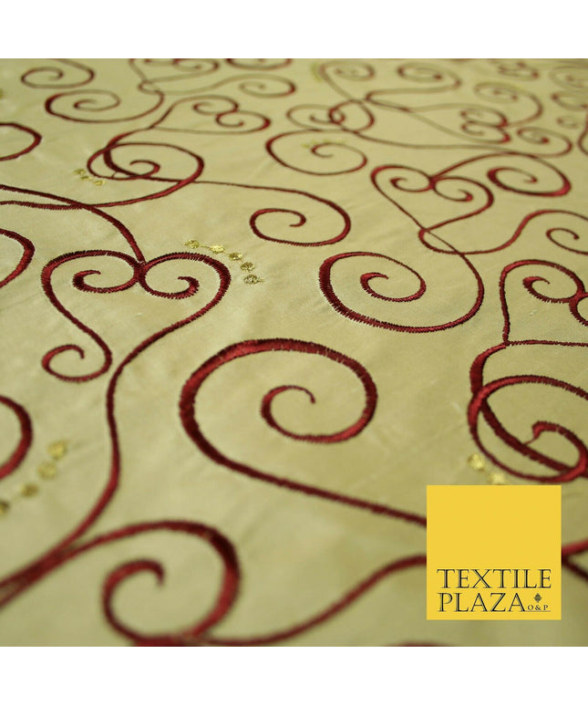 Luxury GOLD MAROON Ornate Swirl Hearts Embroidered 100% PURE SILK Fabric 4535