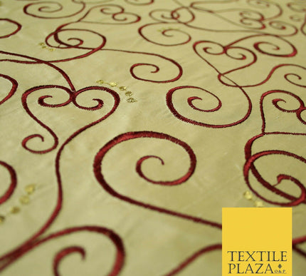 Luxury GOLD MAROON Ornate Swirl Hearts Embroidered 100% PURE SILK Fabric 4535