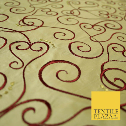 Luxury GOLD MAROON Ornate Swirl Hearts Embroidered 100% PURE SILK Fabric 4535