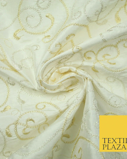 Luxury IVORY GOLD MIX Intricate Vine Embroidered 100% PURE SILK Fabric 44" 4522