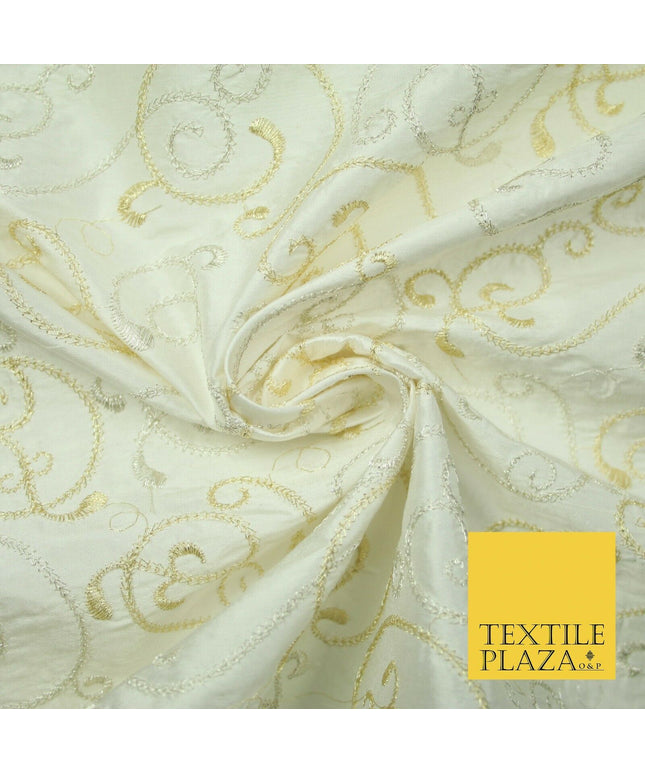 Luxury IVORY GOLD MIX Intricate Vine Embroidered 100% PURE SILK Fabric 44" 4522