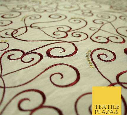 Luxury IVORY MAROON Ornate Swirl Hearts Embroidered 100% PURE SILK Fabric 4534