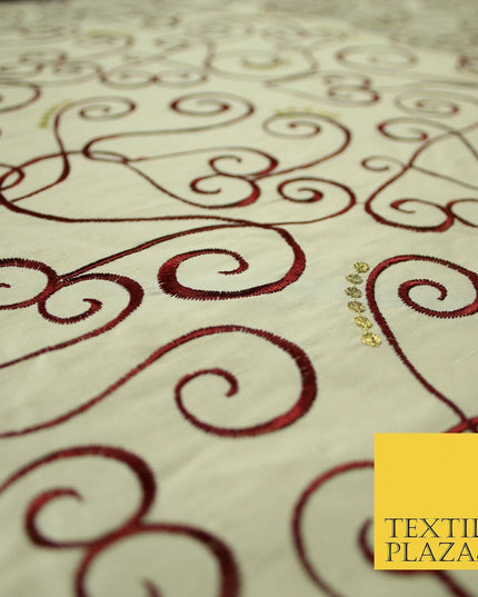 Luxury IVORY MAROON Ornate Swirl Hearts Embroidered 100% PURE SILK Fabric 4534