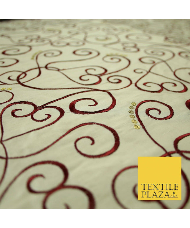 Luxury IVORY MAROON Ornate Swirl Hearts Embroidered 100% PURE SILK Fabric 4534