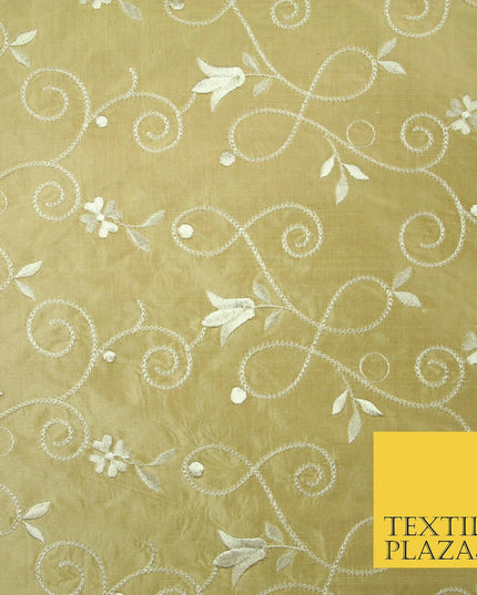 Luxury GOLD IVORY Floral Tulip Loop Embroidered 100% PURE SILK Fabric 54" 4524