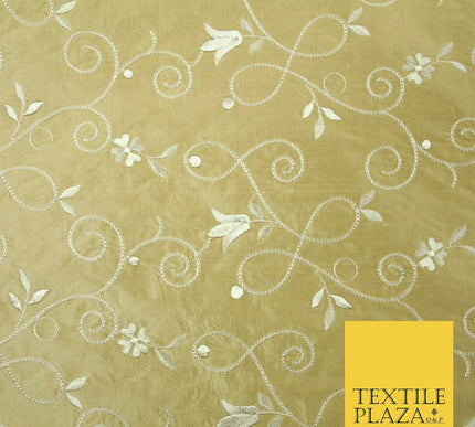 Luxury GOLD IVORY Floral Tulip Loop Embroidered 100% PURE SILK Fabric 54" 4524