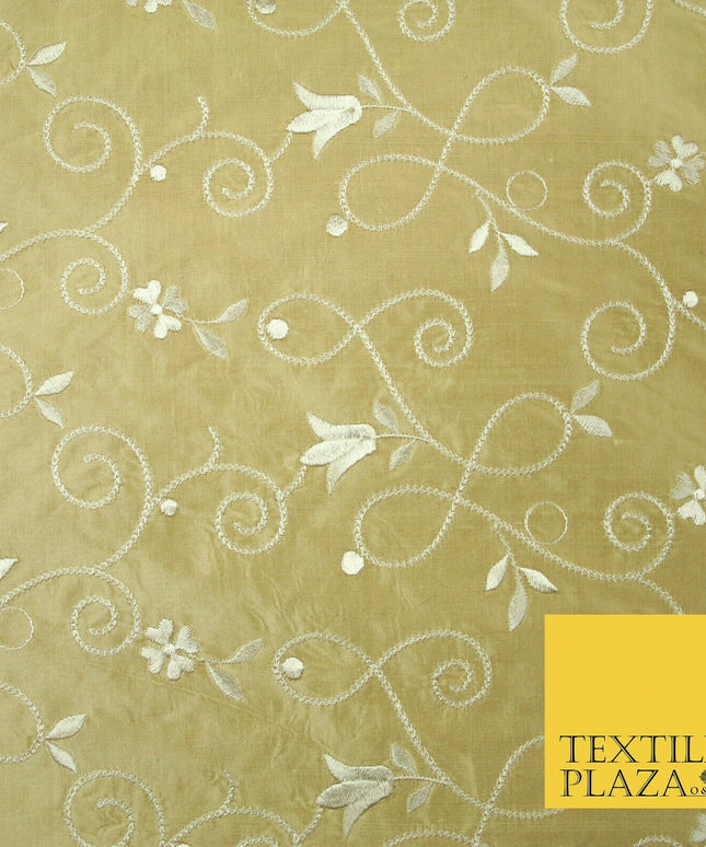 Luxury GOLD IVORY Floral Tulip Loop Embroidered 100% PURE SILK Fabric 54" 4524
