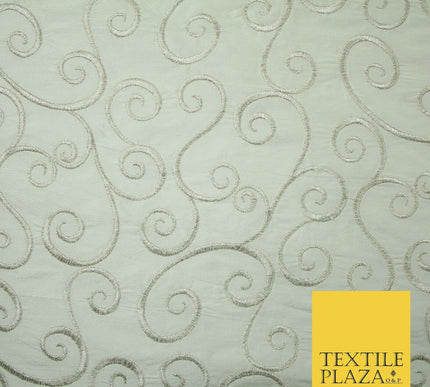 Luxury SILVER Fancy Swirl Curls Embroidered 100% PURE SILK Fabric 45" Wide 4518