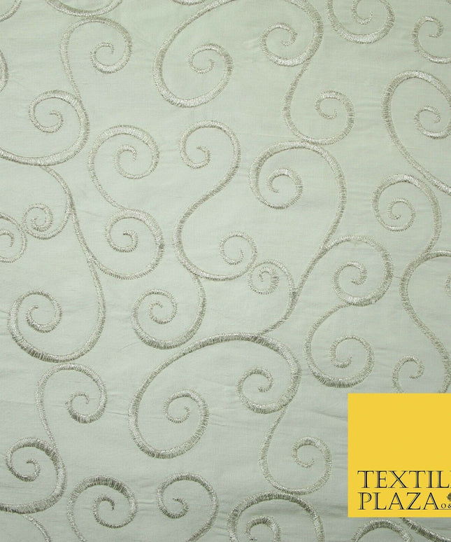 Luxury SILVER Fancy Swirl Curls Embroidered 100% PURE SILK Fabric 45" Wide 4518