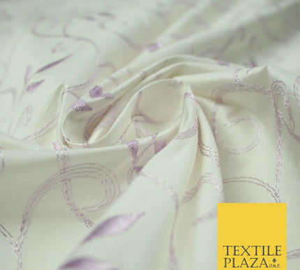 Luxury IVORY Floral Grandeur LILAC Embroidered 100% PURE SILK Fabric 45" 4528