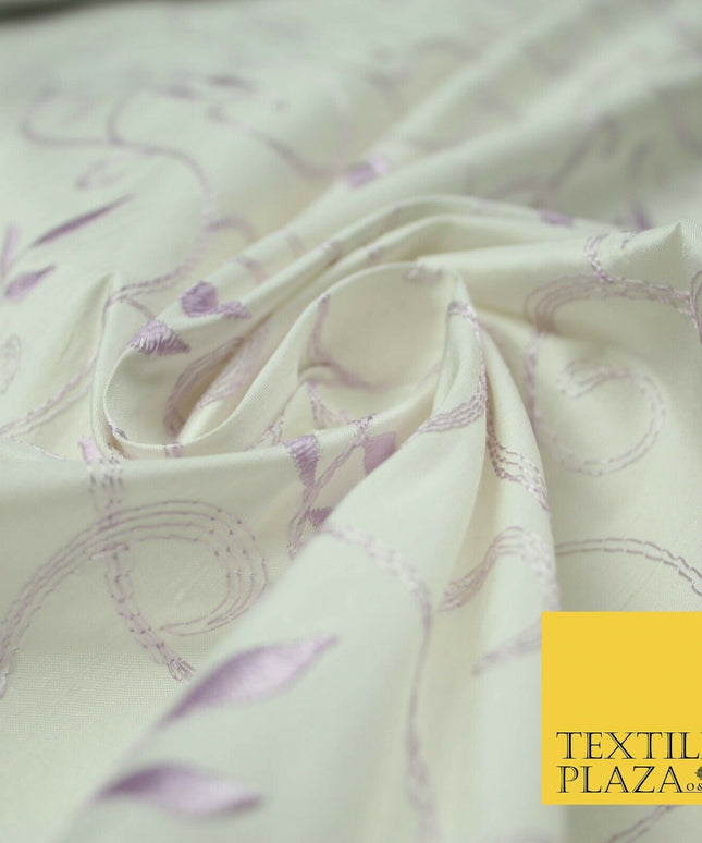 Luxury IVORY Floral Grandeur LILAC Embroidered 100% PURE SILK Fabric 45" 4528