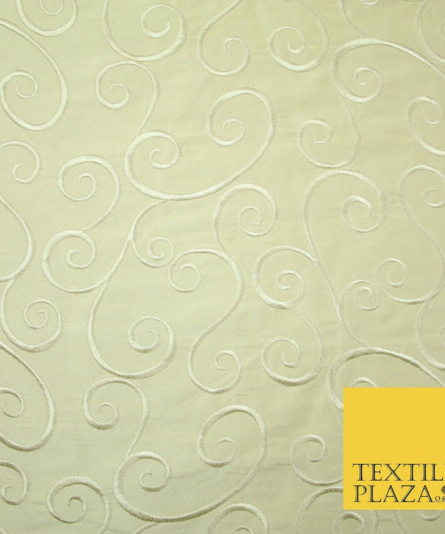 Luxury LIGHT GOLD Fancy Swirl Curls Embroidered 100% PURE SILK Fabric 48" 4519