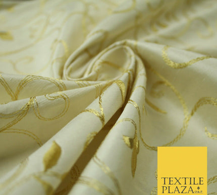 Luxury IVORY Floral Grandeur GOLD Embroidered 100% PURE SILK Fabric 45" 4529