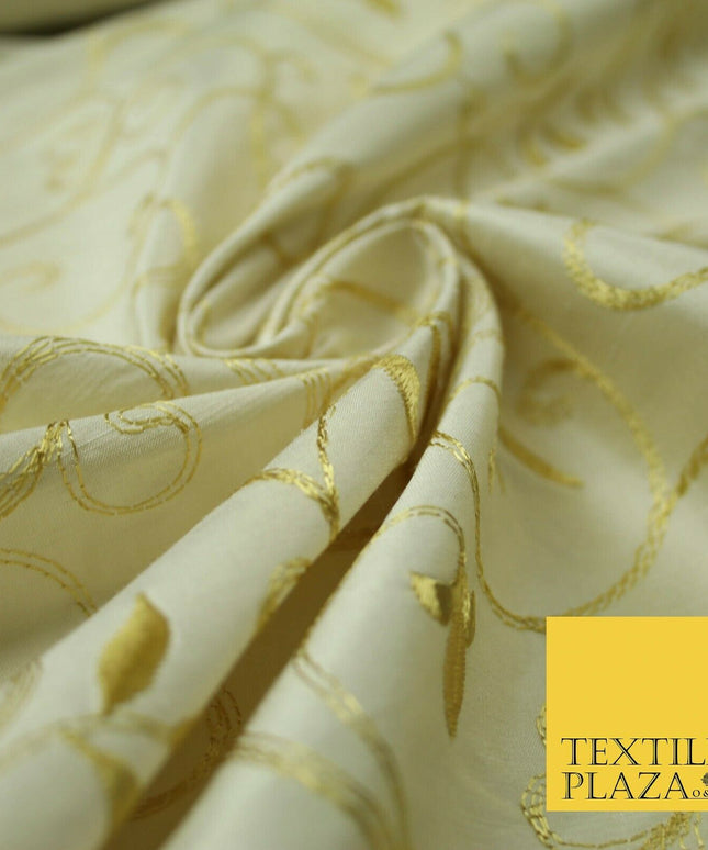 Luxury IVORY Floral Grandeur GOLD Embroidered 100% PURE SILK Fabric 45" 4529