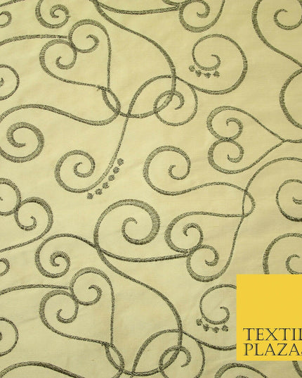 Luxury GOLD Ornate Swirl Hearts Embroidered 100% PURE SILK Fabric Furnishing4536