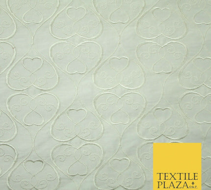 Luxury IVORY Ornate Hearts Design Embroidered 100% PURE SILK Fabric 44" 4521
