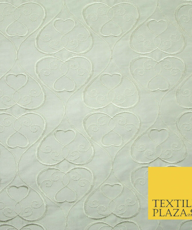 Luxury IVORY Ornate Hearts Design Embroidered 100% PURE SILK Fabric 44" 4521