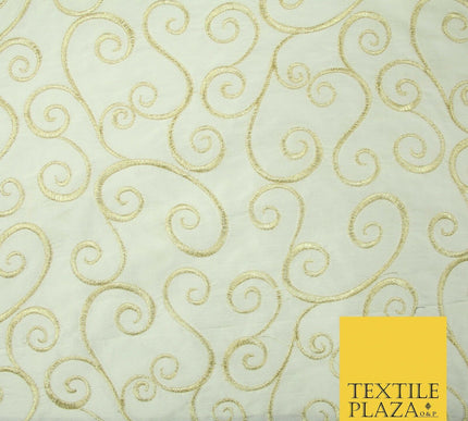 Luxury GOLD Fancy Swirl Curls Embroidered 100% PURE SILK Fabric 45" Wide 4517