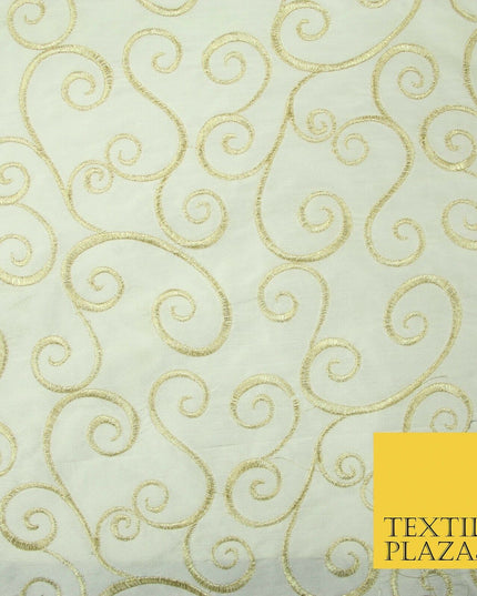 Luxury GOLD Fancy Swirl Curls Embroidered 100% PURE SILK Fabric 45" Wide 4517