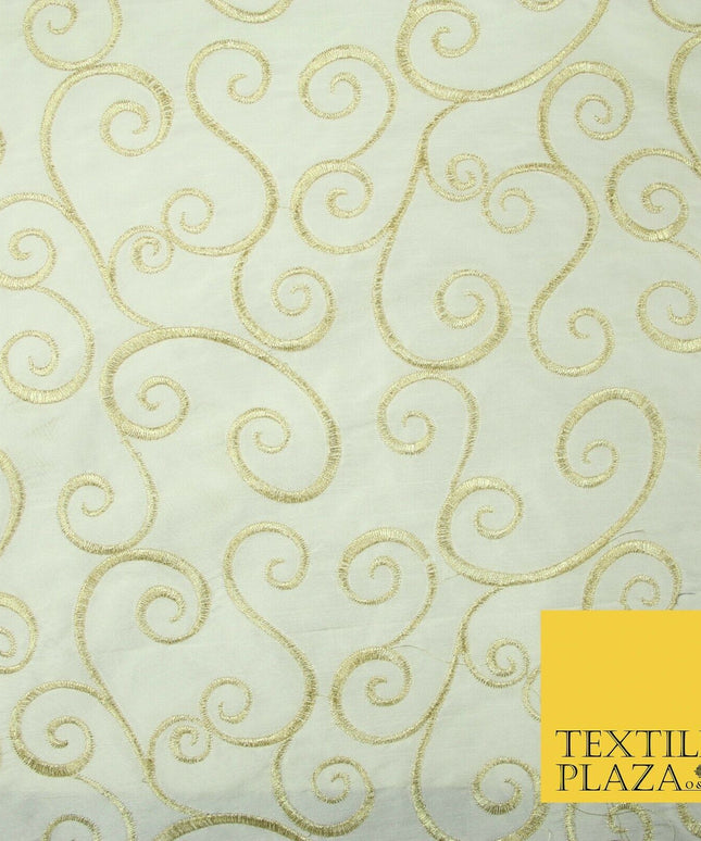 Luxury GOLD Fancy Swirl Curls Embroidered 100% PURE SILK Fabric 45" Wide 4517