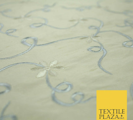 Luxury IVORY BEIGE BLUE Ribbon Flower Embroidered 100% PURE SILK Fabric 45" 4516