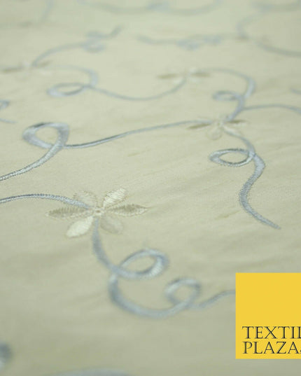 Luxury IVORY BEIGE BLUE Ribbon Flower Embroidered 100% PURE SILK Fabric 45" 4516