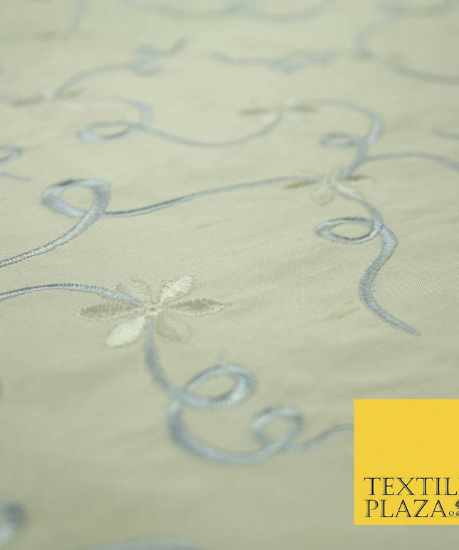 Luxury IVORY BEIGE BLUE Ribbon Flower Embroidered 100% PURE SILK Fabric 45" 4516