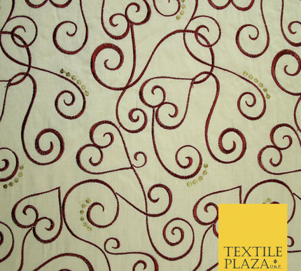 Luxury IVORY MAROON Ornate Swirl Hearts Embroidered 100% PURE SILK Fabric 4534