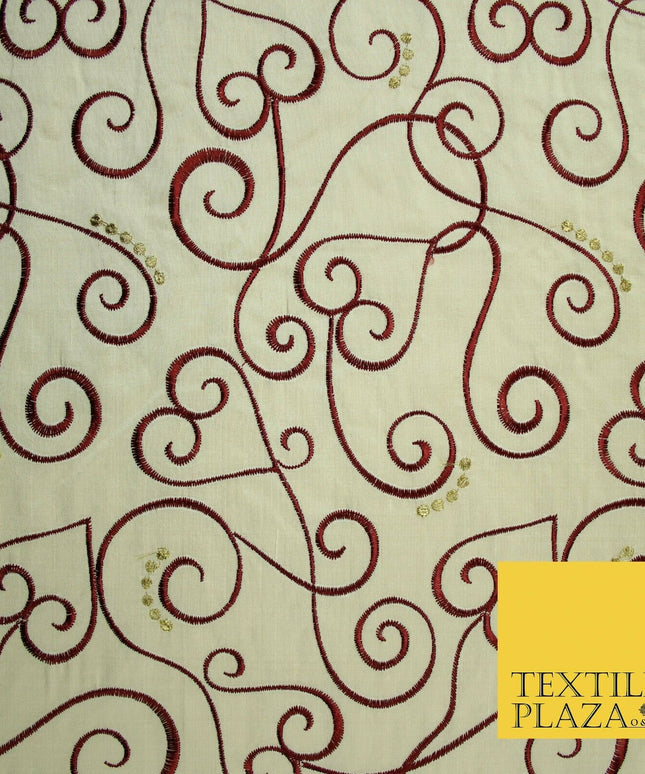 Luxury IVORY MAROON Ornate Swirl Hearts Embroidered 100% PURE SILK Fabric 4534