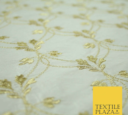 Luxury IVORY GOLD Floral Lattice Embroidered 100% PURE SILK Fabric 45" 4525