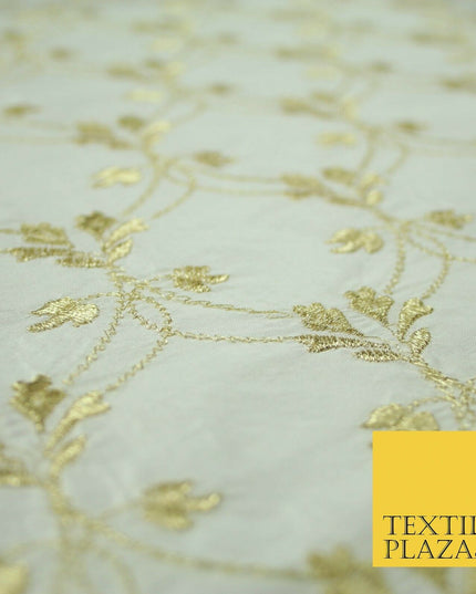 Luxury IVORY GOLD Floral Lattice Embroidered 100% PURE SILK Fabric 45" 4525