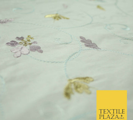 Luxury IVORY Floral Tropical Vine Embroidered 100% PURE SILK Fabric 44" 4530