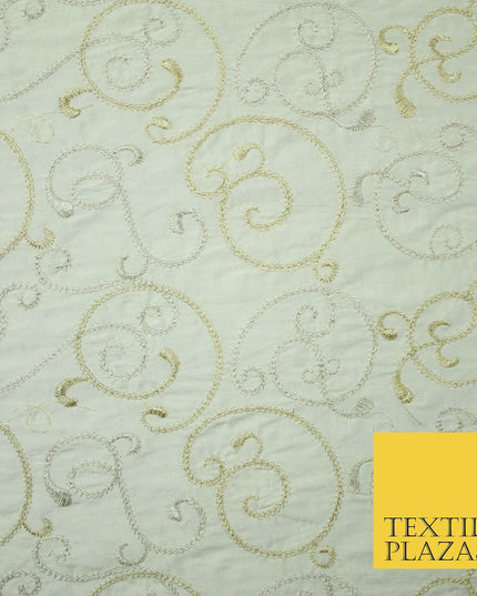 Luxury IVORY GOLD MIX Intricate Vine Embroidered 100% PURE SILK Fabric 44" 4522