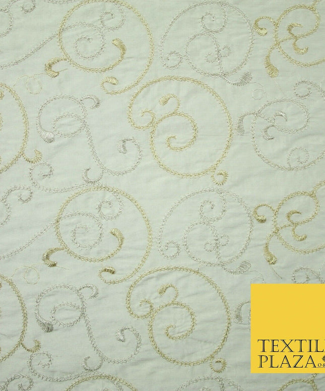 Luxury IVORY GOLD MIX Intricate Vine Embroidered 100% PURE SILK Fabric 44" 4522