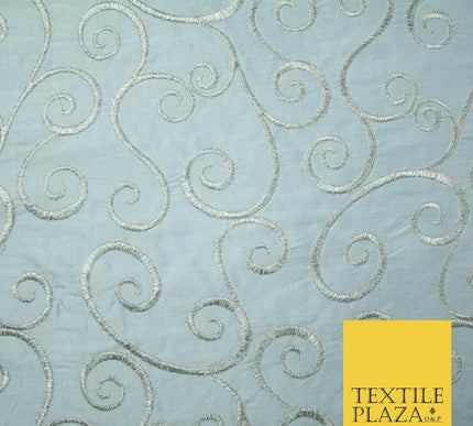 Luxury ICE BLUE Fancy Swirl Curls Embroidered 100% PURE SILK Fabric 48" 4520