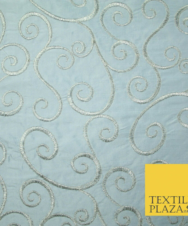 Luxury ICE BLUE Fancy Swirl Curls Embroidered 100% PURE SILK Fabric 48" 4520