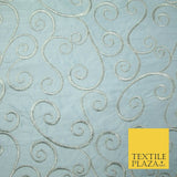 Luxury ICE BLUE Fancy Swirl Curls Embroidered 100% PURE SILK Fabric 48" 4520
