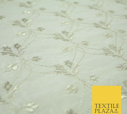 Luxury IVORY SILVER Floral Lattice Embroidered 100% PURE SILK Fabric 45" 4526