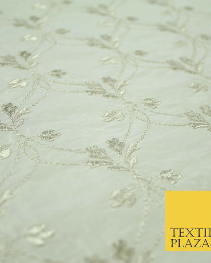 Luxury IVORY SILVER Floral Lattice Embroidered 100% PURE SILK Fabric 45" 4526