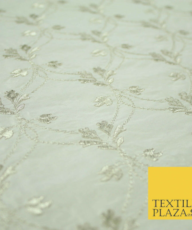 Luxury IVORY SILVER Floral Lattice Embroidered 100% PURE SILK Fabric 45" 4526