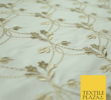 Luxury OYSTER GOLD Floral Lattice Embroidered 100% PURE SILK Fabric 45" 4527