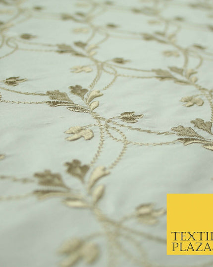 Luxury OYSTER GOLD Floral Lattice Embroidered 100% PURE SILK Fabric 45" 4527