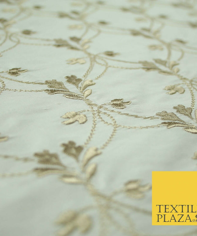 Luxury OYSTER GOLD Floral Lattice Embroidered 100% PURE SILK Fabric 45" 4527