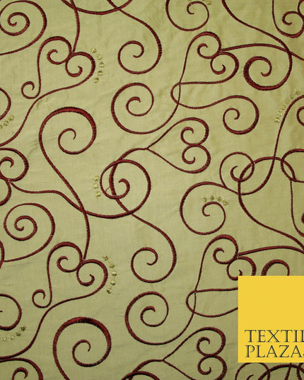 Luxury GOLD MAROON Ornate Swirl Hearts Embroidered 100% PURE SILK Fabric 4535
