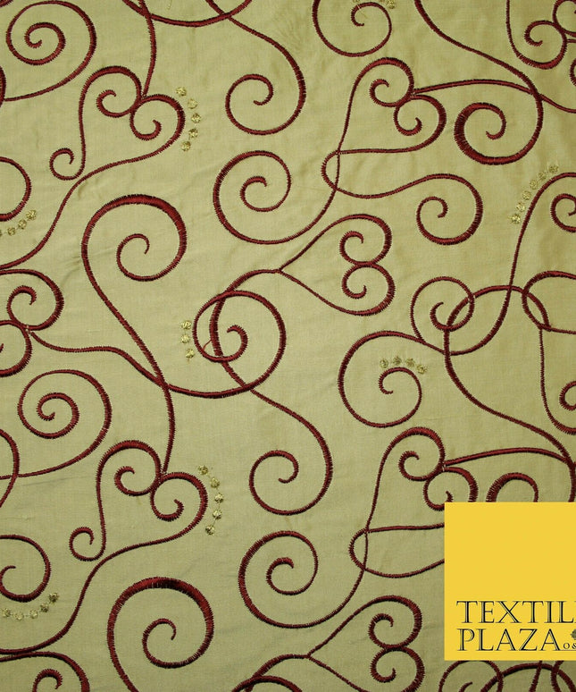Luxury GOLD MAROON Ornate Swirl Hearts Embroidered 100% PURE SILK Fabric 4535