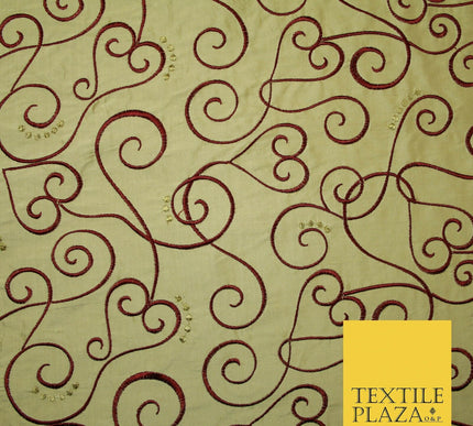 Luxury GOLD MAROON Ornate Swirl Hearts Embroidered 100% PURE SILK Fabric 4535