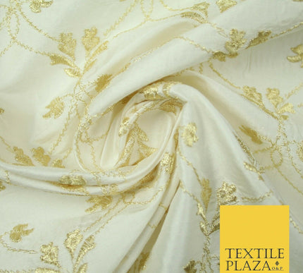 Luxury IVORY GOLD Floral Lattice Embroidered 100% PURE SILK Fabric 45" 4525