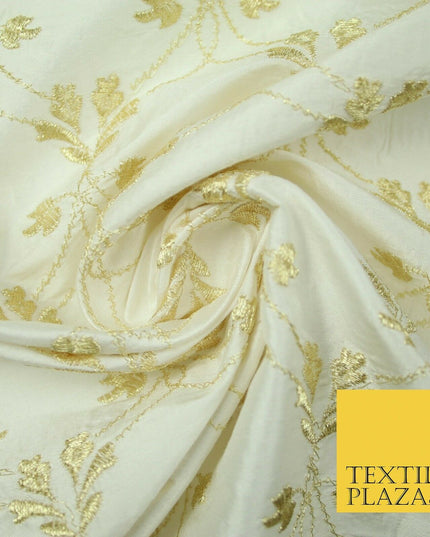 Luxury IVORY GOLD Floral Lattice Embroidered 100% PURE SILK Fabric 45" 4525